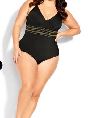 City Chic - NWT - Lucia 1
Piece Bathing Suit - Black -
with Gold - Plus Size 14
